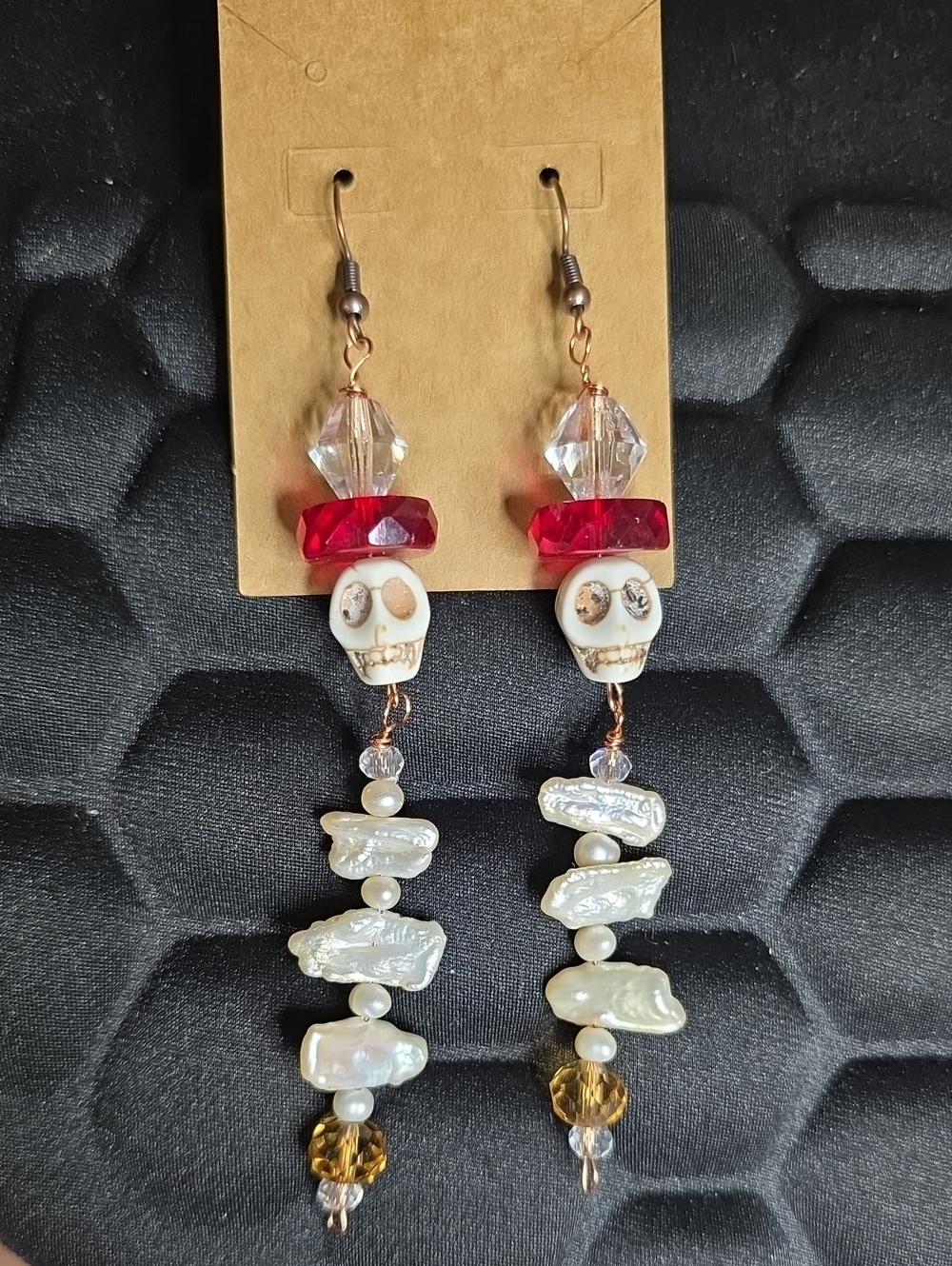 Handmade White Skull & Red Bead Pearl Drop Earrings